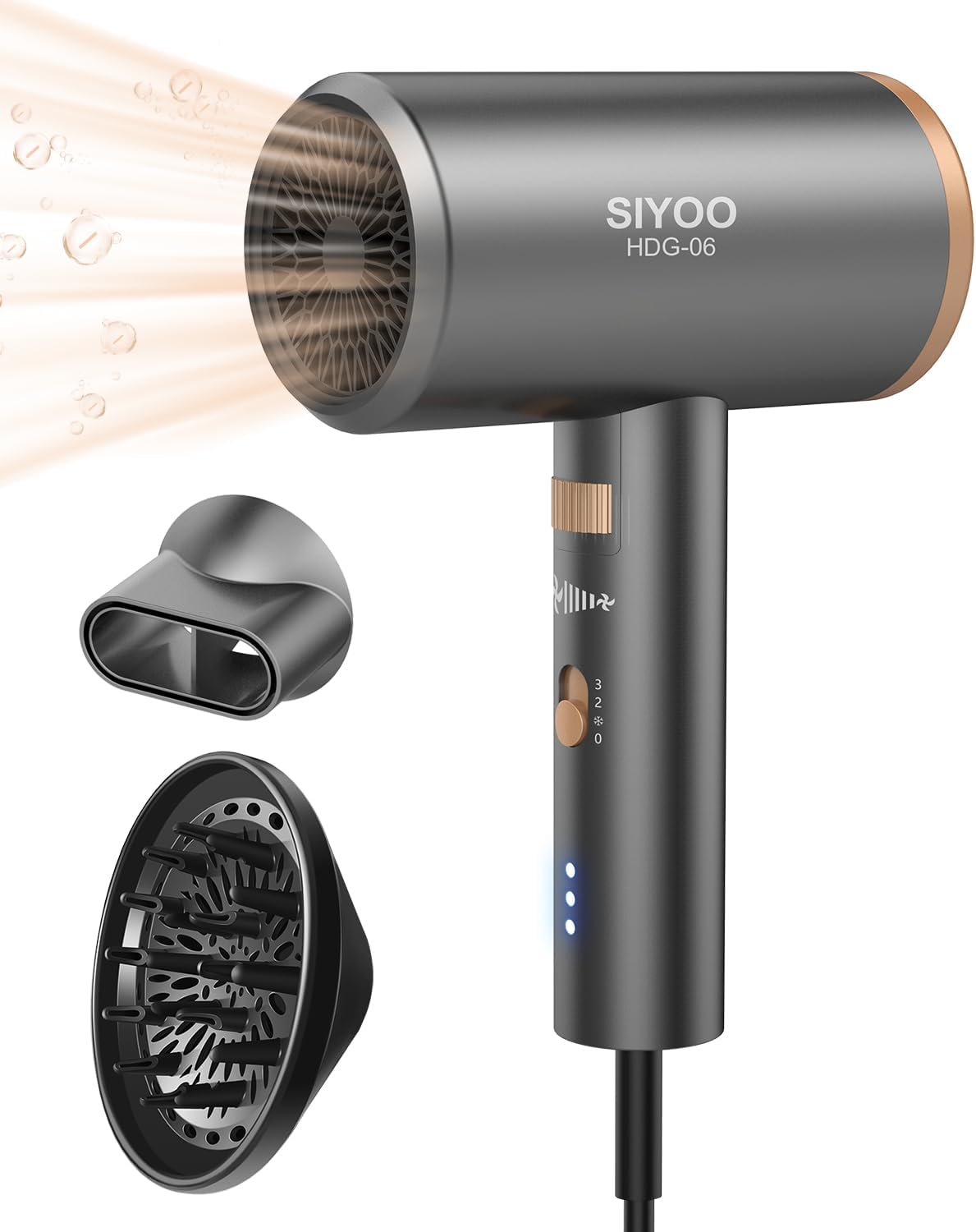 SIYOO professional ionic hair dryer in gold with magnetic diffuser and concentrator nozzle